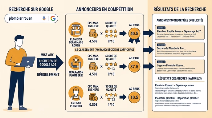 Editorial flat infographic in French explaining Google Ads auction. Left side a person searches 'plombier rouen'. Center three advertisers with a CPC bid icon and a quality score icon combining into an 'Ad Rank' badge. Right side three ad slots stacked above a thin 'organic results' divider. Amber, navy, white palette. Clean labels in French. 16:9.
