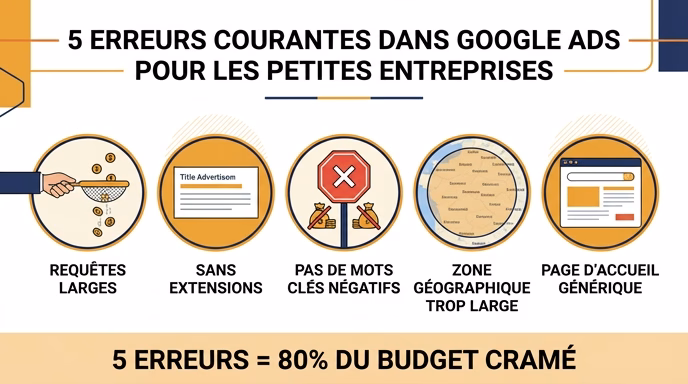 Editorial flat infographic in French showing five common Google Ads mistakes for a small business. Five circular icons in a horizontal row: a sieve labeled 'Large match', a plain ad labeled 'Sans extensions', a stop sign labeled 'Pas de négatifs', a wide circle on a map labeled 'Zone trop large', a generic homepage screen labeled 'Page d'accueil'. Bottom caption '5 erreurs = 80 pourcent du budget cramé'. Amber, navy, white palette. 16:9.