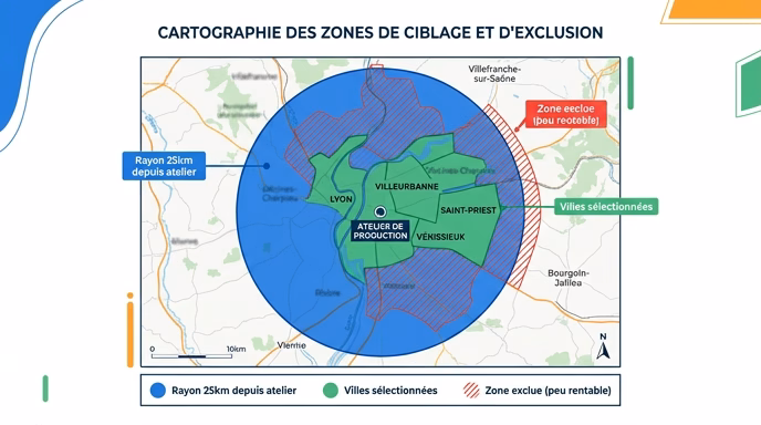 Clean map-style infographic of a French metropolitan area with 3 overlapping targeting shapes: a solid blue radius circle labeled 'Rayon 25km depuis atelier', a green polygon covering 4 named cities labeled 'Villes selectionnees', and a red hatched zone labeled 'Zone exclue (peu rentable)', with a legend, flat design, French labels, white background, blue orange and green accents