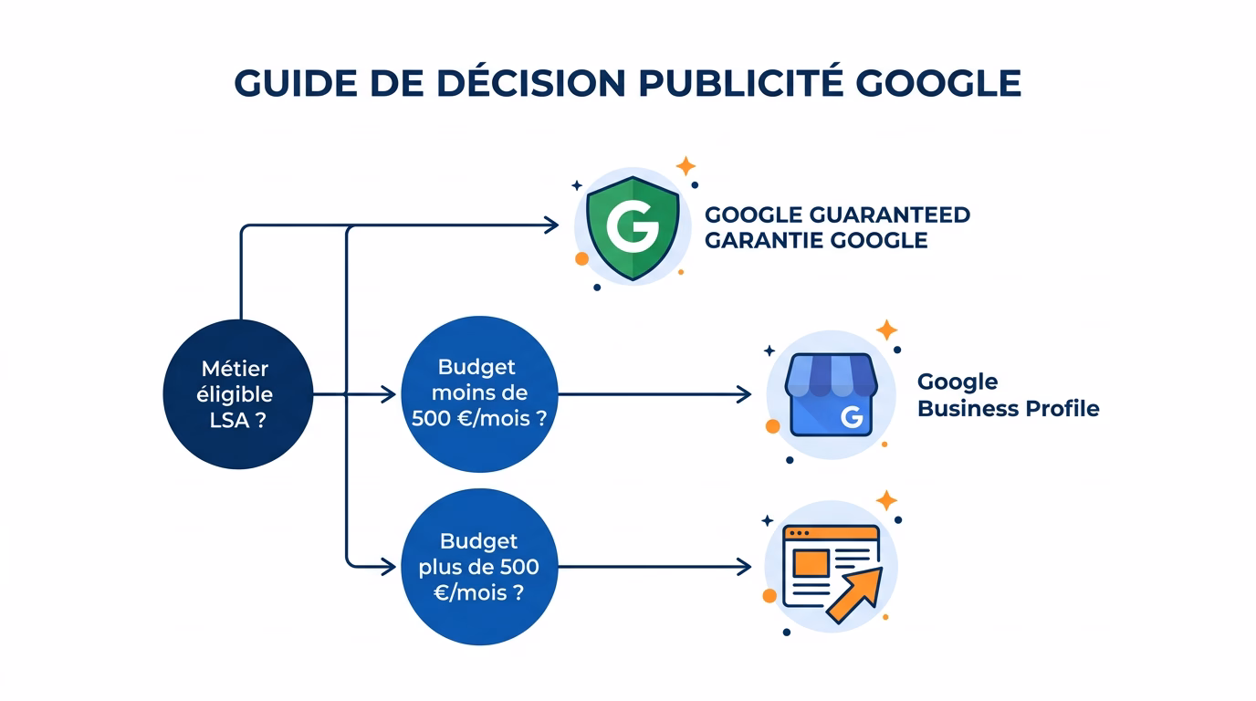 Arbre de décision Google Ads sans site web : métier éligible aux Local Services Ads, budget sous 500 €/mois vers la fiche Google, budget au-dessus vers un site web
