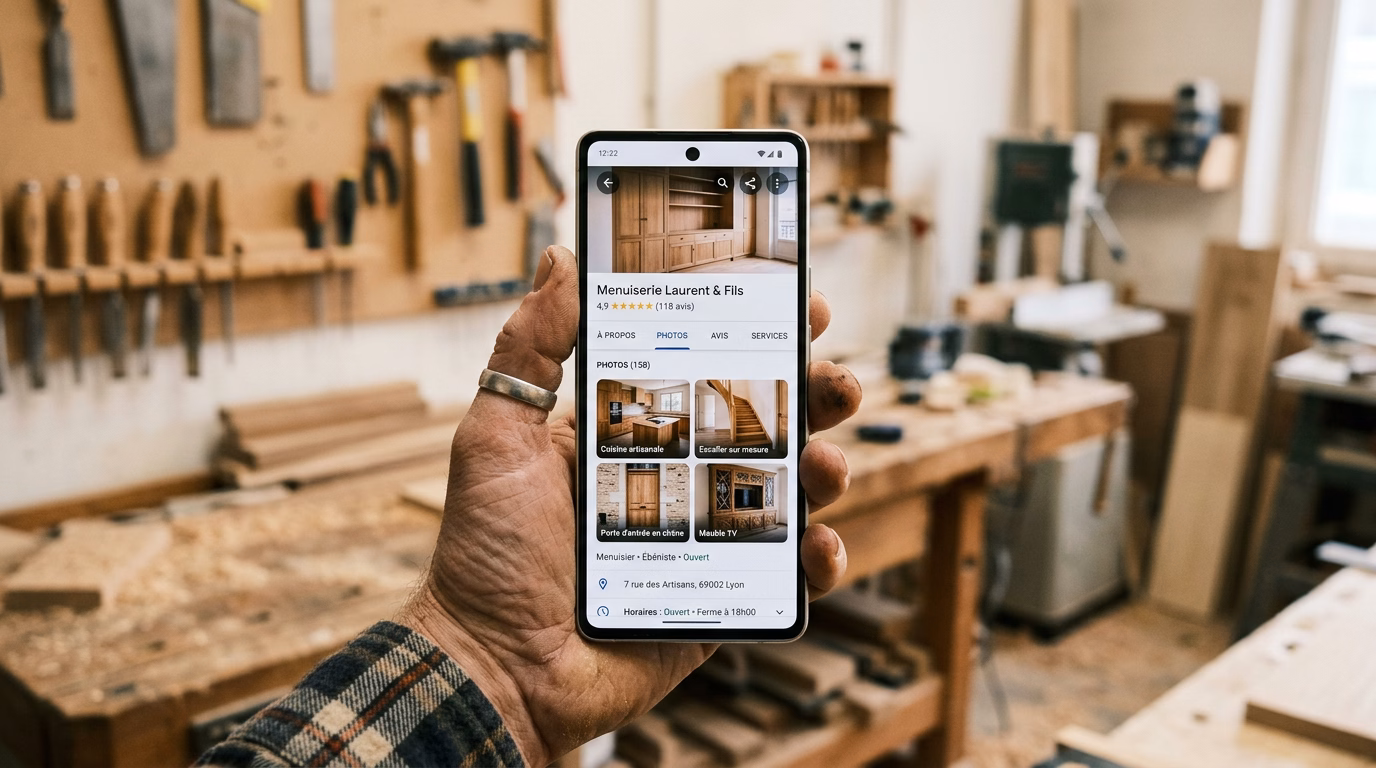 Smartphone d'artisan affichant une fiche Google Business Profile optimisée : photos de réalisations, avis 5 étoiles et horaires visibles, dans un atelier