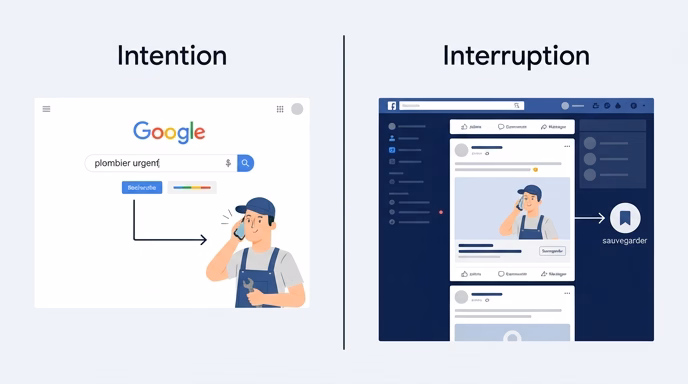 Editorial split-screen infographic, 50/50 layout. Left side titled 'Intention': a Google search bar with 'plombier urgent' typed in, an arrow pointing to a tradesperson receiving a phone call. Right side titled 'Interruption': a Facebook-style scrolling feed where a tradesperson ad appears between personal posts, arrow pointing to a save icon. Left uses subtle Google blue/green/yellow/red accents, right uses deep navy blue. Clean light background, minimalist flat vector style, 16:9.
