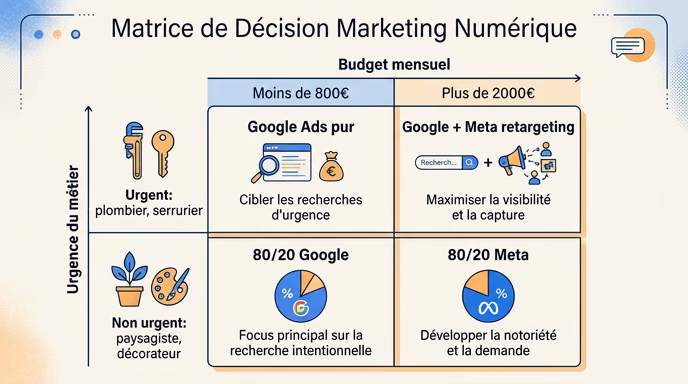 Editorial 2x2 decision matrix infographic. Vertical axis labeled 'Urgence du métier' (top = urgent: plombier, serrurier; bottom = non urgent: paysagiste, décorateur). Horizontal axis labeled 'Budget mensuel' (left under 800€, right over 2000€). Four quadrants with small icons and short labels: 'Google Ads pur', 'Google + Meta retargeting', '80/20 Google', '80/20 Meta'. Flat editorial style, blue and warm orange palette, off-white background, 16:9.