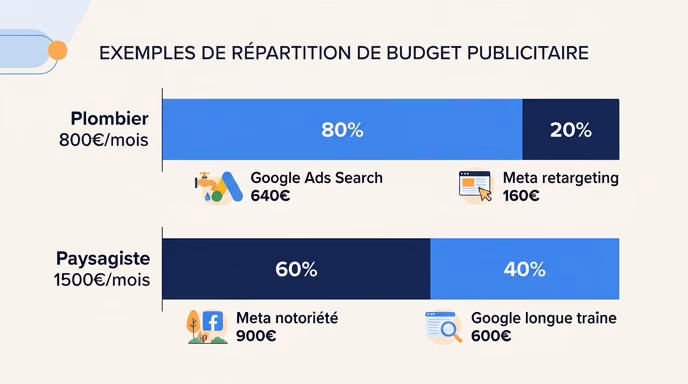 Editorial infographic showing two horizontal budget-split bars side by side. Top bar labeled 'Plombier 800€/mois': 80% segment in Google blue ('Google Ads Search 640€') and 20% segment in navy ('Meta retargeting 160€'). Bottom bar labeled 'Paysagiste 1500€/mois': a large 60% segment in navy ('Meta notoriété 900€') and 40% segment in Google blue ('Google longue traîne 600€'). Clean flat style, blue and warm orange palette, off-white background, clear numeric labels, 16:9.