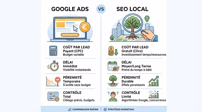 Side-by-side editorial infographic comparing Google Ads (left column, amber color, cursor and euro icon) with SEO local (right column, green color, magnifying glass and growing tree icon). Each column shows 4 short metric labels in French: Coût par lead, Délai, Pérennité, Contrôle. Clean flat design, white background, accents in soft blue. 4:3 aspect ratio, editorial style, no stock photo look.