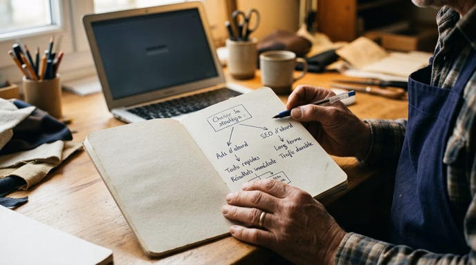Close-up editorial photo of a French artisan's hands holding a paper notebook with a simple two-column decision tree drawn in pen: left branch labeled 'Ads d'abord' and right branch labeled 'SEO d'abord'. Warm desk light, blurred laptop in background. No readable text on screen, no recognizable Google logos. Natural editorial mood, not stock photo. 3:2 aspect.