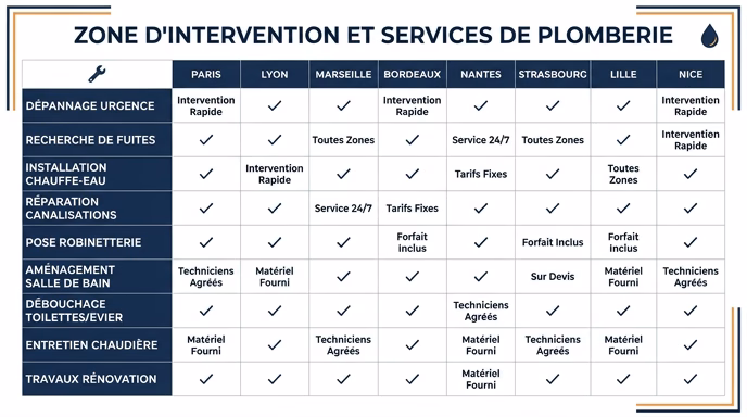Clean minimalist spreadsheet-style infographic showing a matrix table for a French plumber, service names as row labels on the left and city names as column headers on top, checkmarks and keyword combinations in the cells, navy blue and white palette with one warm orange accent, flat design, sober typography, 16:9 aspect ratio