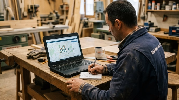 Over-the-shoulder photo of a French tradesperson in work clothes looking at a laptop screen showing a map application with several local business listings and pins, taking handwritten notes on a small notepad, warm workshop lighting, shallow depth of field, realistic photography, no readable text on screen, 16:9 aspect ratio