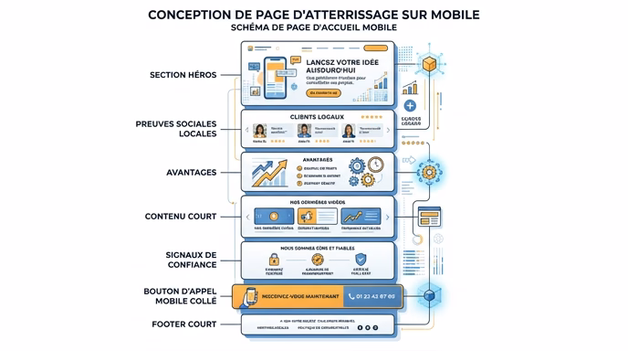 Clean vertical flat editorial diagram of a smartphone landing page mockup split into 7 labeled stacked blocks (Hero, Local social proof, Benefits, Short form, Trust signals, Sticky mobile call button, Short footer), short French labels, amber and blue and white palette, data-architecture style, no real screenshot, 4:5 aspect ratio