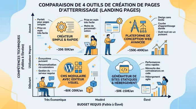 Flat editorial infographic comparing 4 landing page tools (Carrd, WordPress with Elementor, Astro with Netlify, Webflow) plotted on two axes (X axis low to high budget, Y axis low to high tech skill required), each tool shown as a bubble with an abstract icon and name and yearly price, short French annotations, amber and blue palette, no real brand logos, 16:9 aspect ratio