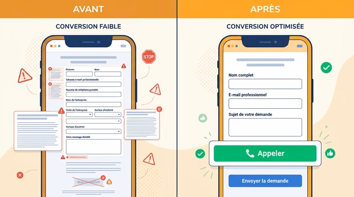 Editorial flat illustration showing a split before/after of a mobile landing page, left side cluttered with a long form and hidden contact button marked with red warning icons, right side clean with a short form and a visible green call button, French micro-labels, amber and blue and white palette, no real brand logos, 16:9 aspect ratio