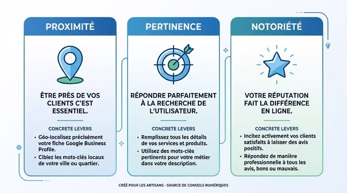 Editorial flat minimalist infographic: 3 equal columns representing the 3 Google local pack filters (Proximite, Pertinence, Notoriete). Each column has a simple icon (location pin, target crosshair, star) plus a short defining phrase and 1-2 concrete levers for artisans. White background, blue Ben&Lou palette, green accent. Clean French text, quotable style. 4:3 aspect ratio.