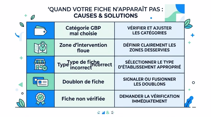 Editorial flat vector infographic, vertical table style: 5 rows titled (Categorie GBP mal choisie / Zone d'intervention floue / Type de fiche incorrect / Doublon de fiche / Fiche non verifiee). Right column = concrete fix in 3-4 words per row. Minimalist icons on the left (category tag, map area, building, duplicate, verified badge). White, blue, green Ben&Lou palette. Clean French generic text. Quotable style. 4:3 aspect ratio.