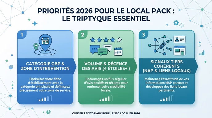 Flat editorial infographic with 3 horizontal blocks representing the 2026 priority triptych for entering the local pack: (1) GBP main category + intervention zone, (2) Review volume + recency 4 stars+, (3) Consistent third-party signals (NAP directories + local backlinks). Each block with simple icon + short phrase + mini progress indicator. White, blue and green Ben&Lou palette. Clean French generic text. Quotable style. 16:9 aspect ratio.