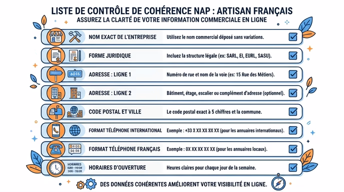 Clean flat editorial infographic, vertical checklist of 8 NAP consistency checkpoints for a French artisan business: exact business name, legal form, address line 1, address line 2, postal code and city, international phone format, French phone format, opening hours. Each row with a minimalist icon and a checkbox. White background, blue and orange palette, generic short French labels, 4:3 aspect ratio.