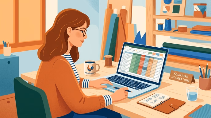 Editorial flat illustration of a French artisan at a desk filling a color-coded spreadsheet on a laptop, grid with green and red cells visible on screen, comparing business info across platforms, warm minimalist style, blue and orange palette, no readable text, 16:9 aspect ratio.