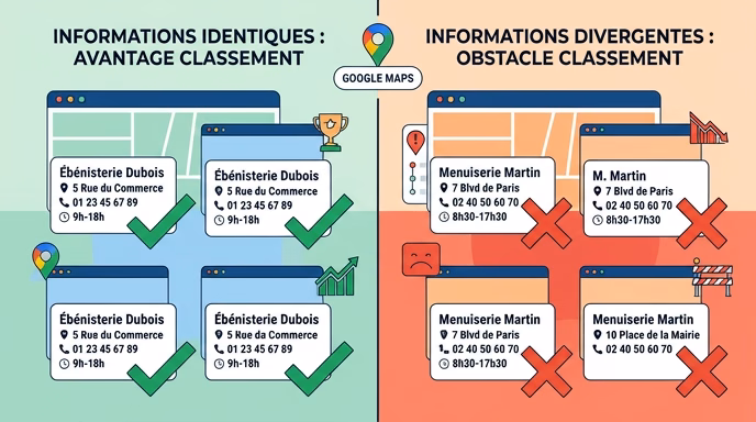 Split comparison flat illustration: left side shows identical business info cards across platforms with green checkmarks, right side shows slightly different info cards with red crosses, symbolizing NAP consistency versus divergence for Google Maps ranking, minimalist flat design, blue orange green red palette, no readable text, 16:9 aspect ratio.