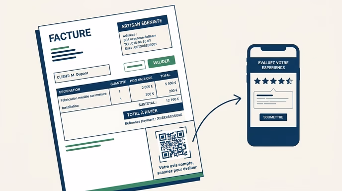 Flat vector schema illustration showing a French artisan invoice (facture) document with a QR code prominently placed in the bottom-right corner, captioned 'Votre avis compte, scannez pour évaluer'. An arrow points from the QR code to a smartphone silhouette displaying a stylized 5-star review screen. Color palette deep blue, accent green, off-white background. 16:9 aspect ratio. Editorial minimalist style, no real Google branding visible, only the caption text.