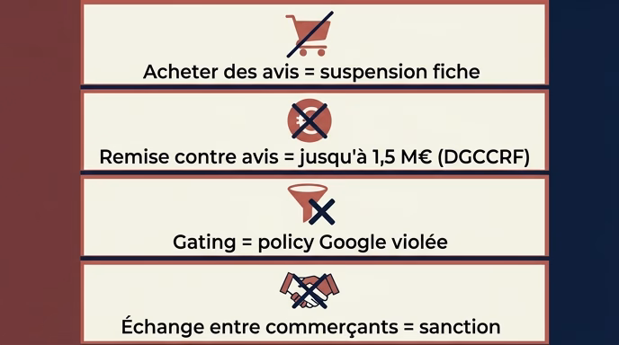 Editorial flat infographic with 4 stacked warning panels, each showing an icon and short French text representing a forbidden practice for getting Google reviews. Panel 1: shopping cart icon + 'Acheter des avis = suspension fiche'. Panel 2: euro symbol with cross + 'Remise contre avis = jusqu'à 1,5 M€ (DGCCRF)'. Panel 3: filter funnel with cross + 'Gating = policy Google violée'. Panel 4: handshake with cross + 'Échange entre commerçants = sanction'. Muted red, off-white, midnight blue palette. Clean editorial style, serious but readable tone. 16:9 aspect ratio.