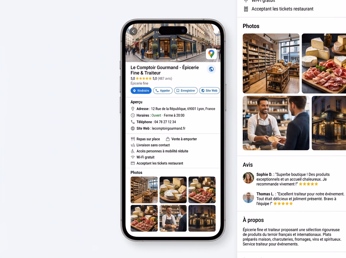 Exemple de fiche Google Business Profile parfaitement optimisée avec photos variées, avis 5 étoiles, attributs complets et publications récentes