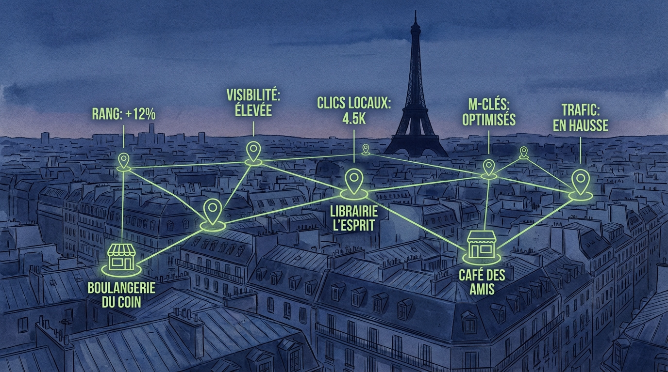 Vue aérienne de Paris avec overlay digital montrant les entreprises locales