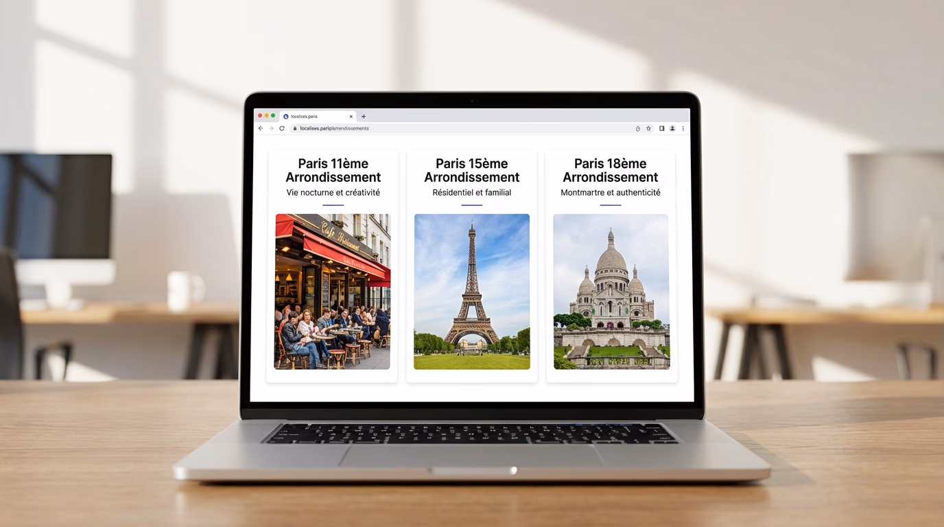 Écran d'ordinateur affichant plusieurs landing pages optimisées pour les arrondissements parisiens (11e, 15e, 18e)
