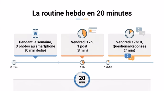 Clean French infographic titled 'La routine hebdo en 20 minutes' showing a horizontal weekly timeline with three labeled blocks: 'Pendant la semaine, 3 photos au smartphone (0 min dedie)', 'Vendredi 17h, 1 post (8 min)', 'Vendredi 17h10, Questions/Reponses (7 min)', with small clock icons and a total badge '20 min', flat design, French labels, blue orange and grey accents, white background, generous whitespace