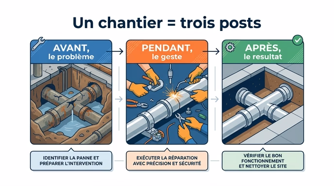 French infographic titled 'Un chantier = trois posts' showing one job site photographed at three moments in a horizontal sequence: left panel 'AVANT, le probleme' (damaged pipe), center panel 'PENDANT, le geste' (hands working with tools), right panel 'APRES, le resultat' (clean finished installation), each panel with a short caption box below, flat editorial design, French labels, blue orange and green accents, white background