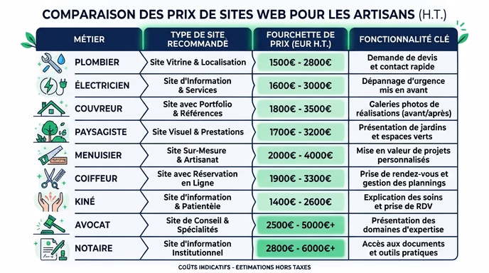 Clean flat infographic table comparing website prices for French artisan trades. 9 rows (Plombier, Electricien, Couvreur, Paysagiste, Menuisier, Coiffeur, Kine, Avocat, Notaire). 4 columns: Trade name with small icon / Recommended site type / Price range in EUR HT / Key feature. Navy blue palette with white background and green accent (#22c55e). Readable French text, editorial style. 16:9.