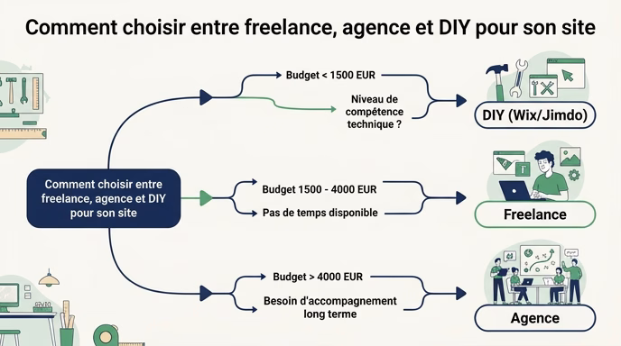 Flat vector decision tree schema for French artisans titled 'Comment choisir entre freelance, agence et DIY pour son site'. Central starting point with 3 main branches and decision criteria. Branch 1: Budget under 1500 EUR leads to DIY (Wix/Jimdo). Branch 2: Budget 1500 to 4000 EUR with no time leads to Freelance. Branch 3: Budget over 4000 EUR with long-term support need leads to Agency. Decision arrows, simple icons for each option. Navy blue plus green plus off-white palette. Editorial readable style. 16:9.