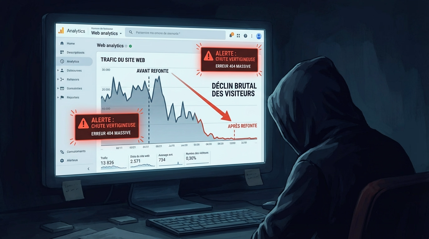 Dashboard analytics montrant une chute brutale de trafic après une refonte