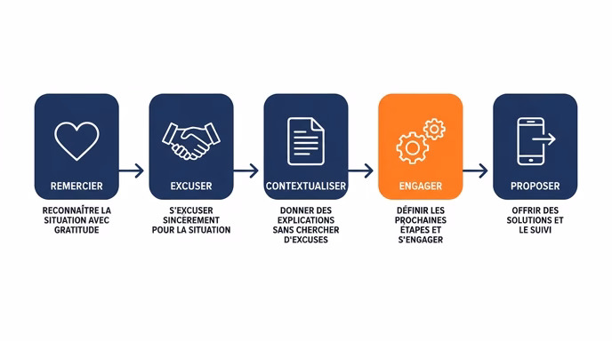 Minimalist flat infographic showing a 5-step horizontal process flow labeled in French 'Remercier', 'Excuser', 'Contextualiser', 'Engager', 'Proposer', each step as a rounded rectangle with a simple line icon (heart, handshake, document, gear, phone), connected by arrows, navy blue and white palette with one orange accent step, clean readable French typography, white background, editorial quotable style, 16:9 aspect ratio