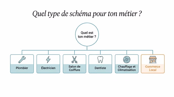 Clean minimalist decision tree diagram titled in French 'Quel type de schema pour ton métier ?', starting from a single question node branching into labeled boxes 'Plumber', 'Electrician', 'HairSalon', 'Dentist', 'HVACBusiness' and a fallback box 'LocalBusiness', each box with a simple line icon (wrench, lightning bolt, scissors, tooth, fan, storefront), soft blue-green palette with one orange accent on the fallback, white background, French labels, editorial flat illustration style, 4:3 aspect ratio