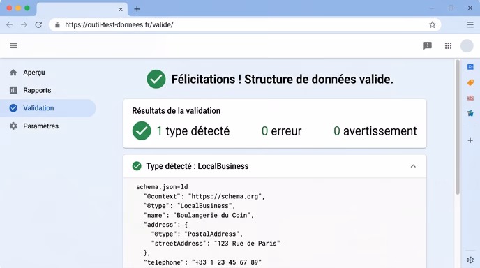 Screenshot-style flat mockup of a structured data testing tool interface showing a green success checkmark and the label 'LocalBusiness' detected with zero errors, a URL field at the top, minimalist clean UI design, soft blue and white palette with green accents, French interface labels acceptable, no real brand logos, 16:9 aspect ratio