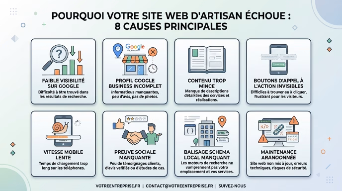clean flat vector infographic showing 8 labeled icon tiles representing website failure causes for a tradesperson business: Google visibility, Google Business Profile, thin content, invisible call-to-action buttons, slow mobile speed, missing social proof, local schema markup, abandoned maintenance. Muted professional palette, French-market business style, no text distortion, 16:9