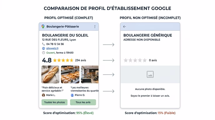 side-by-side comparison of a Google Maps local pack result showing an optimized business profile (many photos, reviews, filled fields) versus an empty incomplete profile, generic anonymized brands, clean UI mockup style, muted colors, 16:9