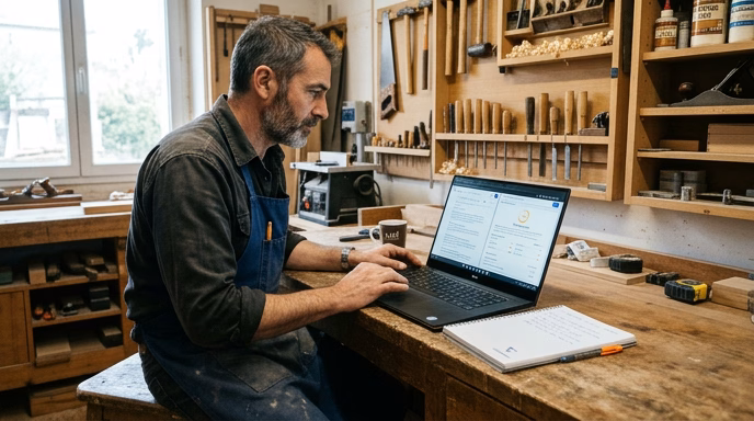 an artisan (plumber or carpenter) sitting at a desk running a website diagnostic, laptop showing a Google search results page in private browsing mode and a PageSpeed score, notebook with a handwritten checklist beside it, natural workshop light in the background, realistic photo, sober tone, 16:9