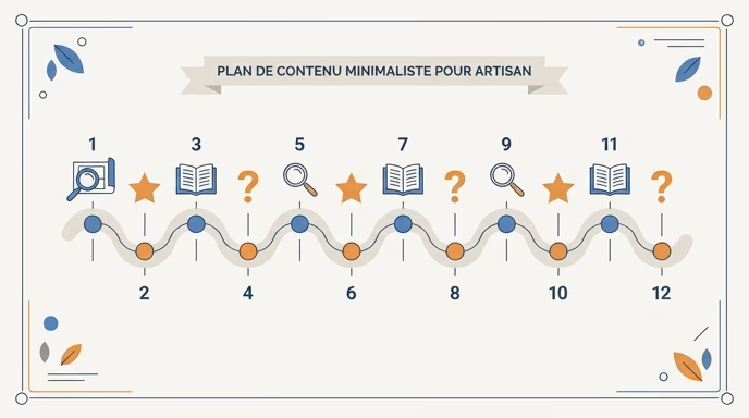 Clean flat-vector editorial illustration summarizing a minimalist content plan for a tradesperson: a simple timeline of 12 monthly milestones, each a small icon (magnifier, star, book, question mark), with a calm blue and warm orange color palette on an off-white background, no text labels, 16:9 aspect ratio