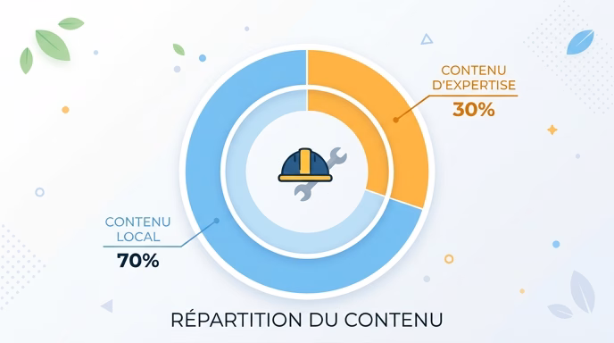 Minimalist flat-vector donut chart infographic showing a 70/30 split, the 70 percent segment in light blue labeled for local content, the 30 percent segment in warm orange labeled for expertise content, a small stylized artisan pictogram (hard hat and wrench) at the center, clean light background, 16:9 aspect ratio
