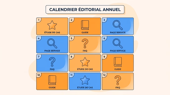 Simplified flat-vector wall calendar illustration, a 4-row by 3-column grid representing 12 months, each cell holding a small content-type pictogram (magnifier for service page, star for case study, book for guide, question mark for FAQ), blue cells for local content and orange cells for expertise content, off-white background with thin clean lines, 16:9 aspect ratio