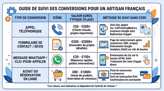 Visual comparison table infographic showing 4 conversion types to track for a French craftsman: phone call (phone icon), contact form or quote request (form icon), WhatsApp or click-to-call mobile (chat icon), online purchase or booking (cart icon), each with typical euro value range and no-code tracking method, white background, flat design, blue and orange color scheme, French labels
