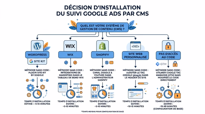 Clean infographic decision tree showing 5 branches for installing Google Ads tracking by CMS: WordPress with Site Kit icon, Wix with logo, Shopify with icon, custom-built website with code icon, no access to code with locked icon, each branch shows the no-code method name and estimated install time, white background, flat design, professional blue and orange color scheme, French labels
