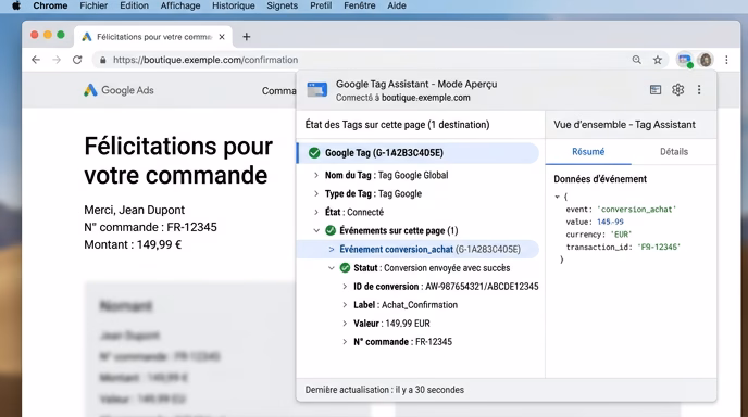 Annotated screenshot-style illustration of Google Tag Assistant Chrome extension verifying a Google Ads conversion in preview mode, showing green checkmarks next to the Google Tag and conversion event, browser frame visible, clean modern interface, blue and green accent colors, French interface labels, realistic mockup style